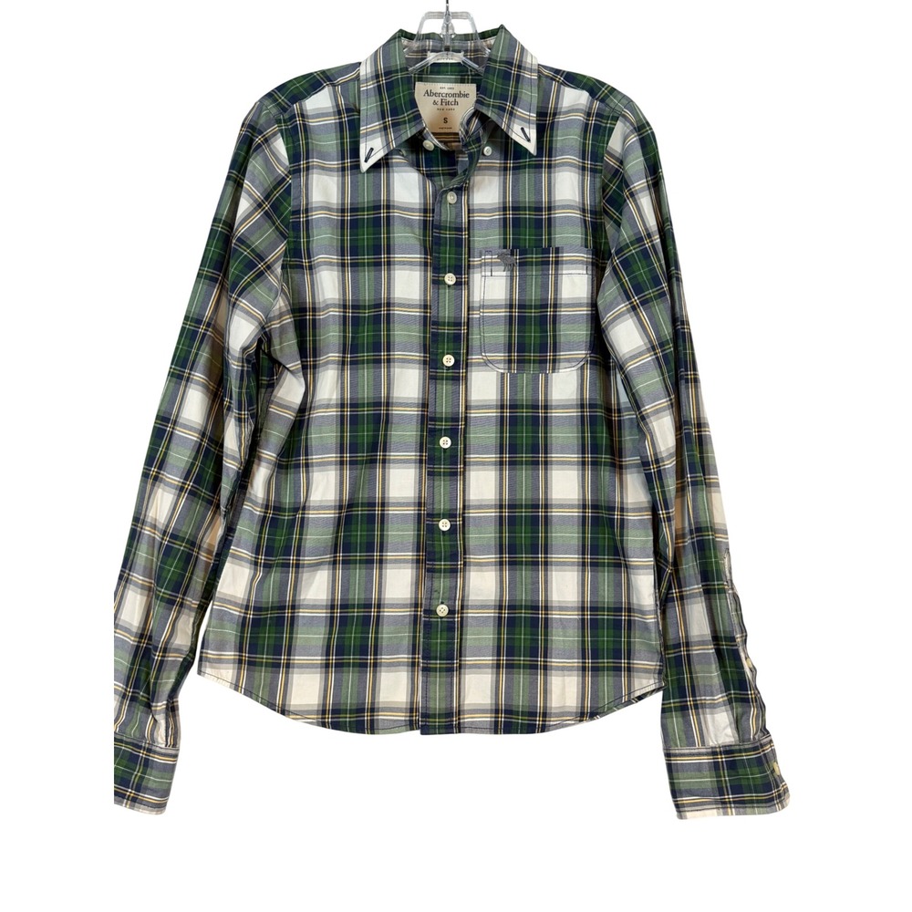 Abercrombie & Fitch Mens •S•Muscle Fit Plaid Button Down Shirt Green Navy Layer